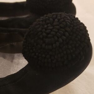 Te Casan Black Flats with Pom Pom Detail, Size 8.5